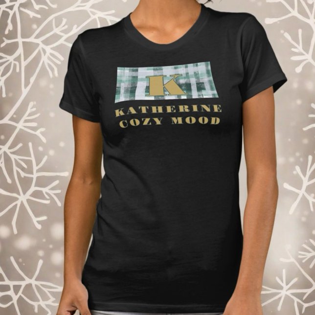 Monogram plaid festive vit grönt guld namn mysigt t shirt (Skapare uppladdad)