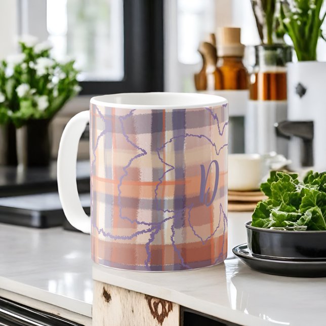 Monogram plaid höst löv beige orange lila kaffemugg (Skapare uppladdad)