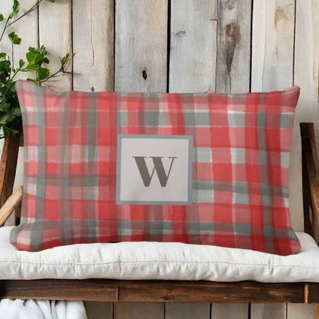 Monogram plaid tartan check red gray watercolor  lumbarkudde (Skapare uppladdad)