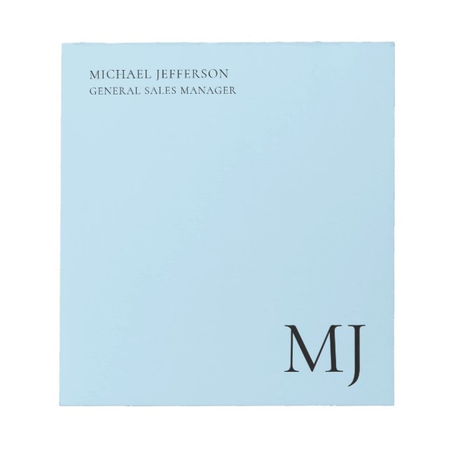 Monogram Plain Blue Trendy Business Anteckningsblock (Framsida)