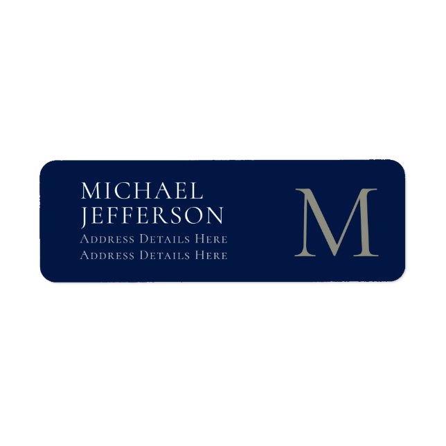 Monogram Plain Dark Blue Trendy Business Returadress Etikett (Framsidan)