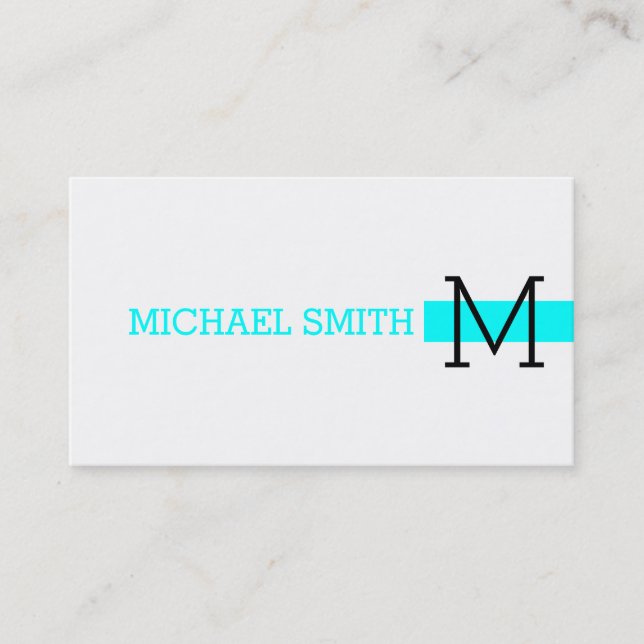 Monogram Plain White Modern Aqua Visitkort (Framsida)