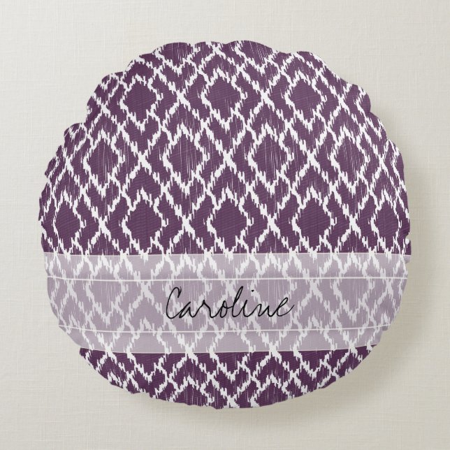 Monogram Plum Lila Tribal Ikat Diamond Mönster Rund Kudde (Framsidan)