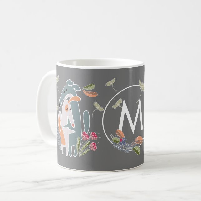 Monogram Podenco Hund och Galgo Tecknad Grått Kaffemugg (Framsida vänster)