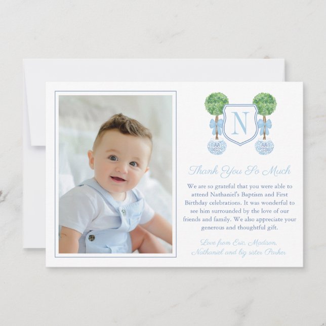 Monogram Pojke Birthday Christening Bild Tha Tack Kort (Framsida)
