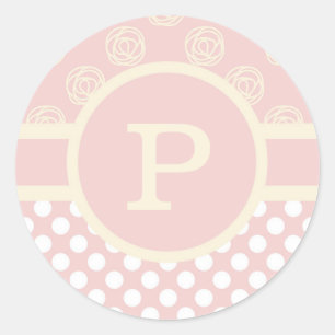 Monogram Polka Dot och Ro med en Anpassningsbar Runt Klistermärke