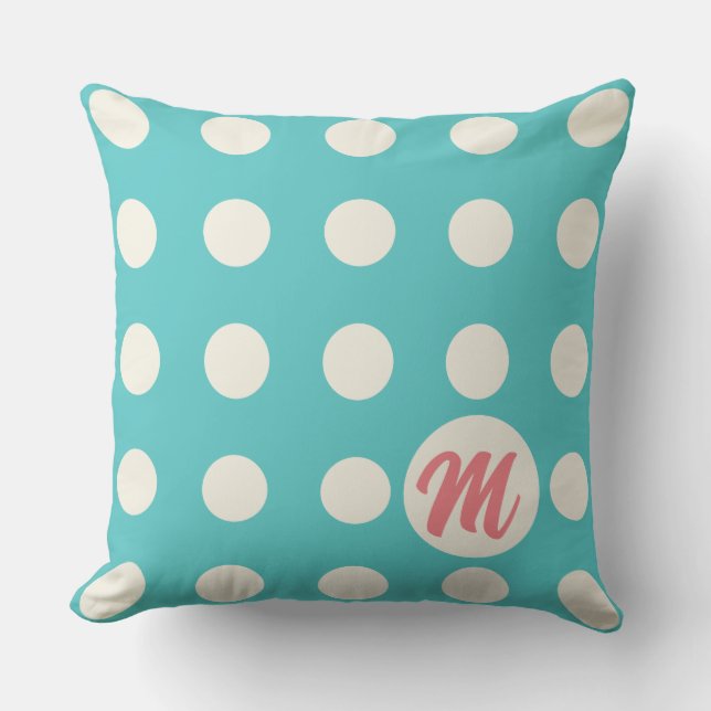 Monogram Polka dots i Soft White på turkos Kudde (Framsida)