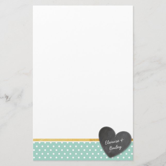 MONOGRAM-polka prick-chalkboard-hjärtmint grönt Brevpapper (Framsida)