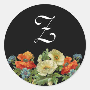 Monogram Poppies och Cornblommor Stickers Runt Klistermärke