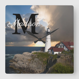 Monogram Portland Head Lighthouse Maine Photo Namn Fyrkantig Klocka