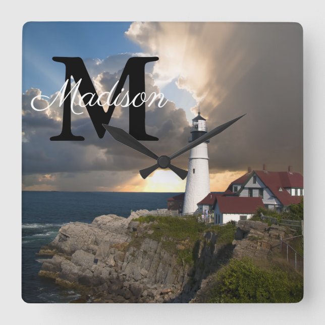 Monogram Portland Head Lighthouse Maine Photo Namn Fyrkantig Klocka (Framsida)