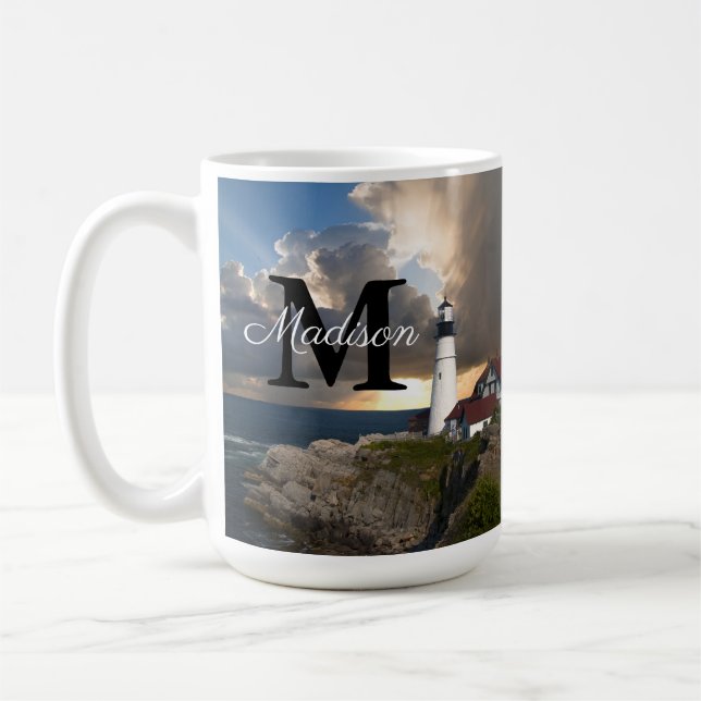 Monogram Portland Head Lighthouse och solnedgångsm Kaffemugg (Vänster)