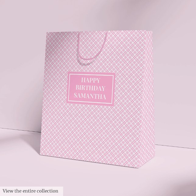 Monogram presentpåse Klassisk rosa rutmönster Stor (Monogram Gift Bag Classic Pink Plaid Large Style)