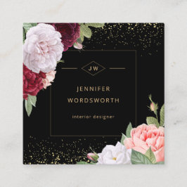 Monogram Professionell Elegant Blommigt Ro Black Fyrkantigt Visitkort
