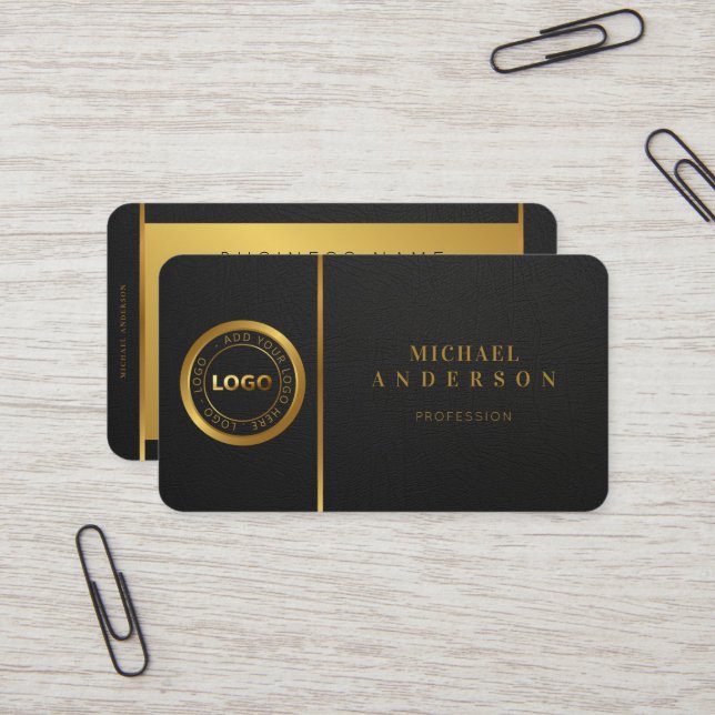 Monogram Professionell Luxe Mörk & Guld Circle Log Visitkort (Fram/Back In Situ)