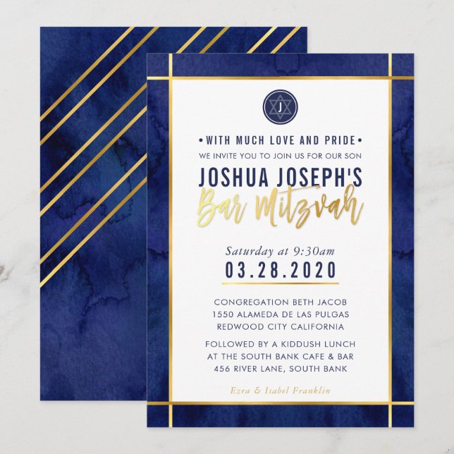 MONOGRAM PUB MITZVAH mörk blått vattenfärgen guld Inbjudningar (Fram/baksida)