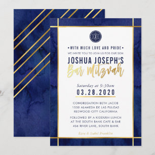 MONOGRAM PUB MITZVAH mörk blått vattenfärgen guld Inbjudningar