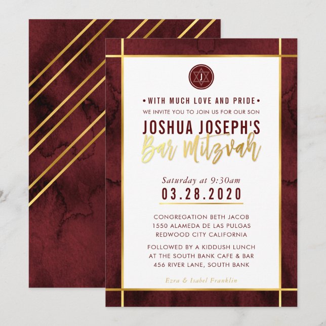 MONOGRAM PUB MITZVAH mörk röd vattenfärg guld Inbjudningar (Fram/baksida)