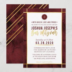 MONOGRAM PUB MITZVAH mörk röd vattenfärg guld Inbjudningar