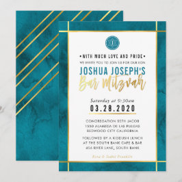 MONOGRAM PUB MITZVAH teal blue guld rand Inbjudningar