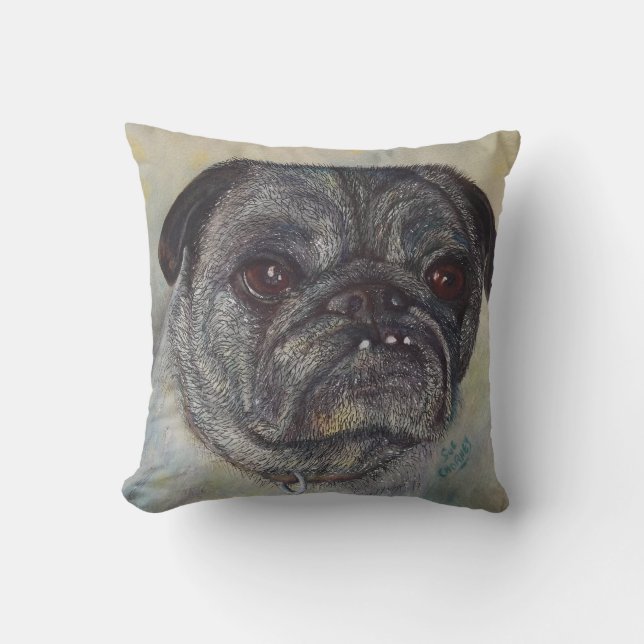 MONOGRAM PUG WATERCOLOR PORTRÄTT KUDDE (Framsida)