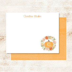 Monogram Pumpkin Fall Blommigt andedräkt Stationer Anteckningskort