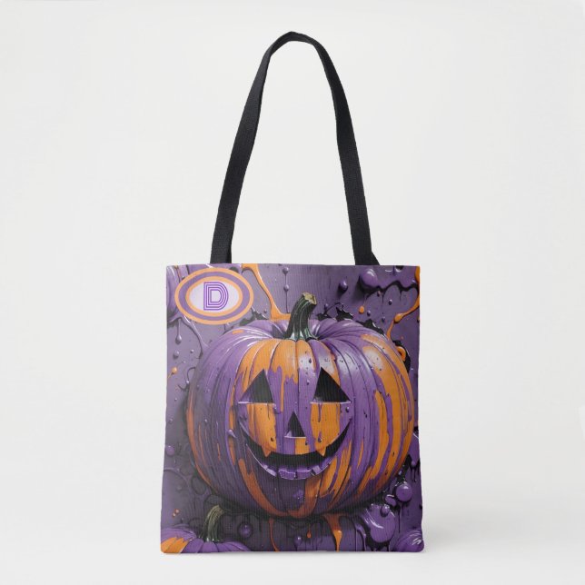 Monogram Pumpkin Lila & Orange Festive Tote Tygkasse (Framsida)