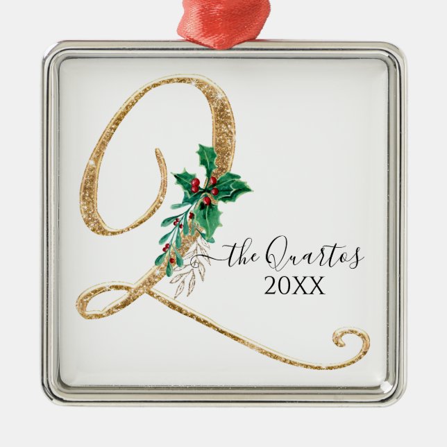 Monogram Q Guld Glitter jul jul Holly Foliage Julgransprydnad Metall (Framsidan)