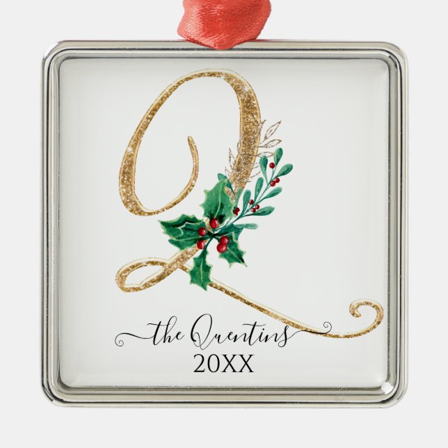 Monogram Q jul Glitter Guld Holly Foliage Julgransprydnad Metall (Framsidan)