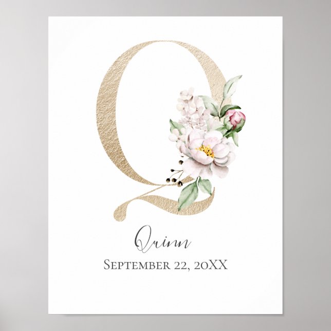 Monogram Q Rosa Vit Blommig Guld Bokstavs Nursery  Poster (Framsidan)