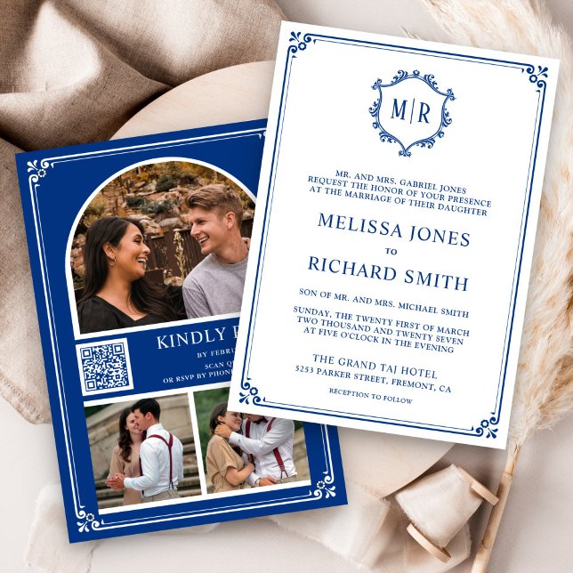 Monogram QR Code Photo Collage Royal Blue Wedding Inbjudningar (Skapare uppladdad)