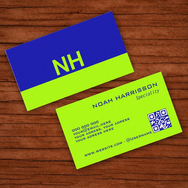Monogram QR-kod blå elektrisk limeminimalist Visitkort (Monogram QR code blue electric lime minimalist Business Card)