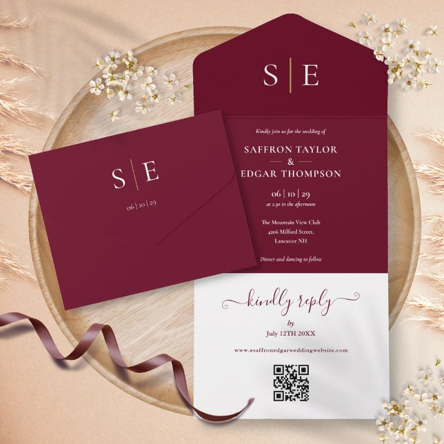 Monogram QR-kod Burgundy och guld bröllop (Monogram QR Code Burgundy And Gold Wedding All In One Invitation)