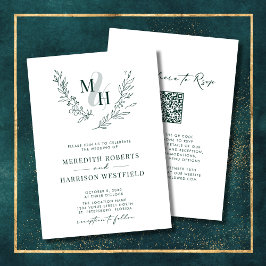 Monogram QR- kod Emerald Grönt Bröllop Inbjudningar
