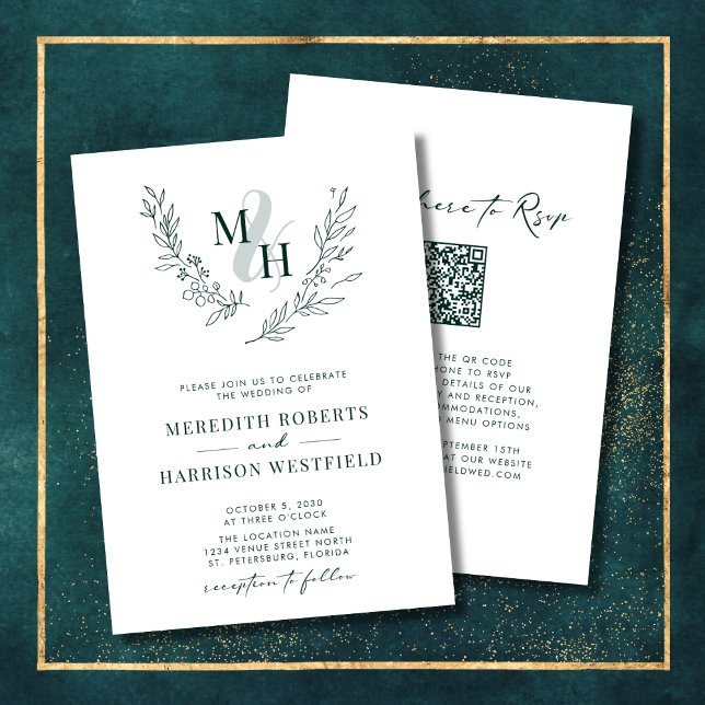 Monogram QR- kod Emerald Grönt Bröllop Inbjudningar (Elegant Monogram Laurel Wreath Emerald Green QR Code Double Sided Wedding Invitation)