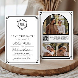 Monogram QR-kod Foto Collage Vit Svart Bröllop Spara Datumet