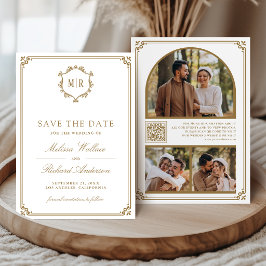 Monogram QR-kod Foto Collage Vitt Guld Bröllop Spara Datumet