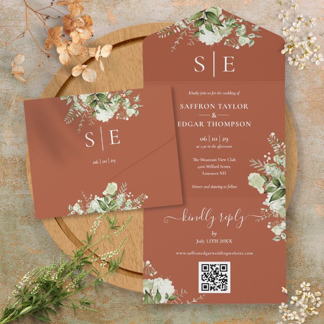 Monogram QR-kod Grönska Terrakotta Bröllop (Monogram QR Code Greenery Terracotta Wedding All In One Invitation)