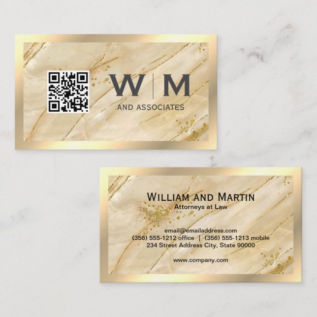 Monogram | QR-KOD | Guld Marble Visitkort (Fram/baksida)