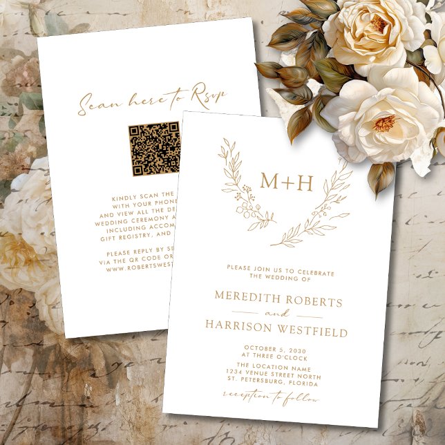 Monogram QR-kod Guld på vit Bröllop Inbjudningar (Elegant Monogram Laurel Wreath QR Code RSVP Double Sided Gold 
 on White Wedding Invitation)