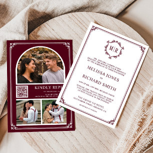 Monogram QR-kod Photo Collage Burgundy Bröllop Inbjudningar