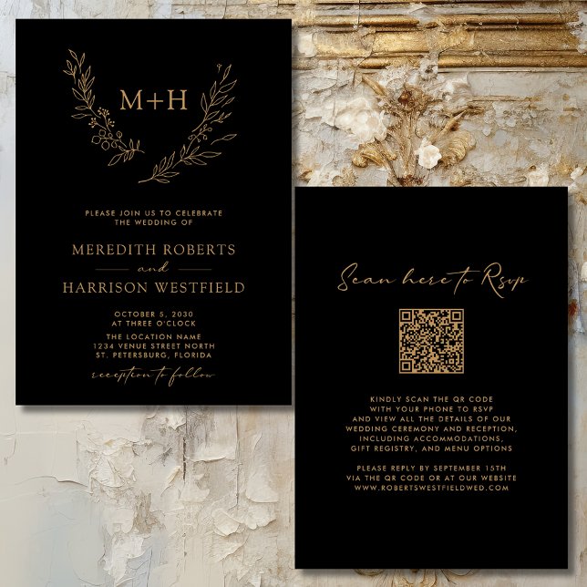 Monogram QR QR-kod Guld på Svarta Bröllop Inbjudningar (Elegant Monogram Laurel Wreath QR Code Gold on Black Wedding Invitation)
