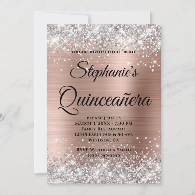 Monogram Quinceañera silver och Ro Guld Finare Inbjudningar (Framsida)