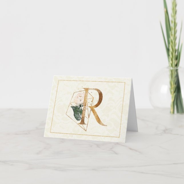 Monogram R Blommigt Note Card Guld Kort (Framsida)