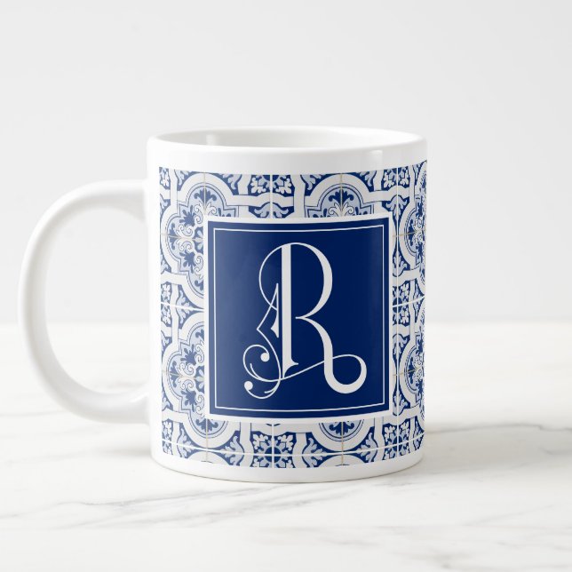 Monogram R., Blue Sicilian Tile Giant Coffee Mugg Jumbo Mugg (Vänster)