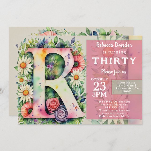 Monogram R Colorful Watercolor Flowers Birthday  Inbjudningar (Fram/baksida)