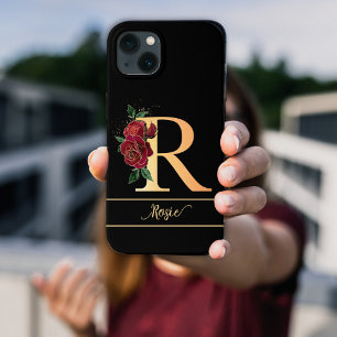 Monogram R golden custom name röd ros black