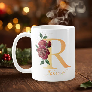Monogram R golden custom name röd ros Kaffemugg