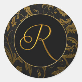 Monogram R Guld och Black Damask Wedding Seal Runt Klistermärke