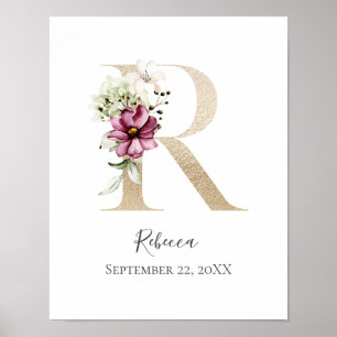 Monogram R Rosa Vit Blommig Guld Bokstav Barnkamma Poster